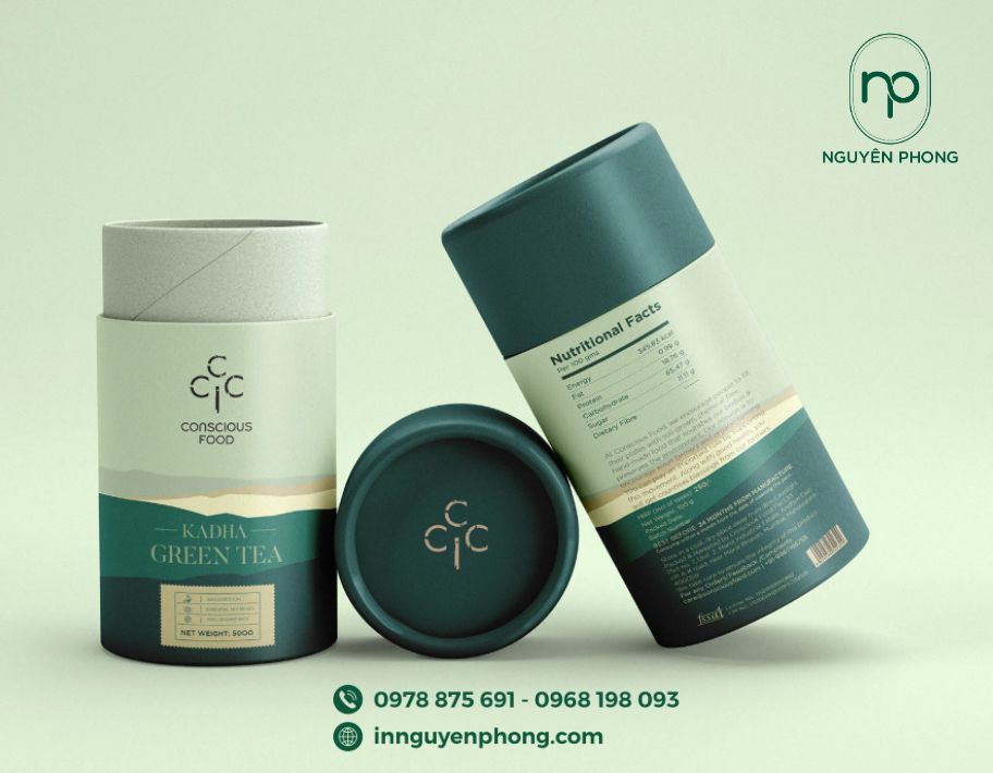 Mẫu tem nhãn bột trà xanh dán quanh hộp